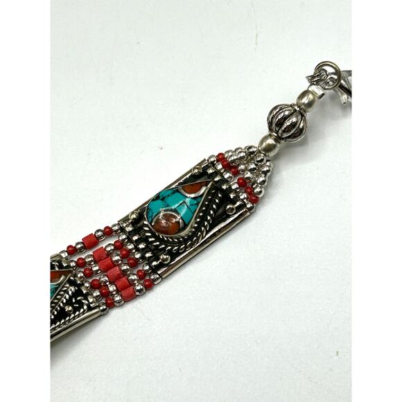 Turquoise & Coral Bracelet & Earring Set – Tibetan Silver – Boho Jewelry - Picture 5 of 6